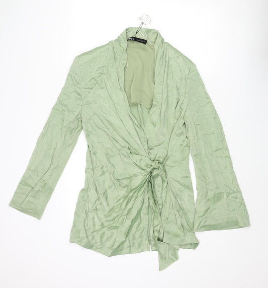 Zara Womens Green Viscose Wrap Dress Size L V-Neck Button
