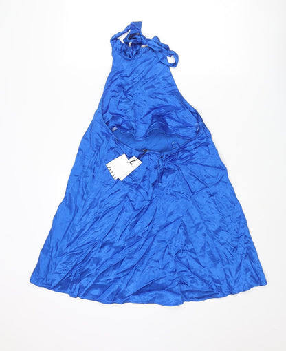 Zara Womens Blue Polyester A-Line Size M Halter Button