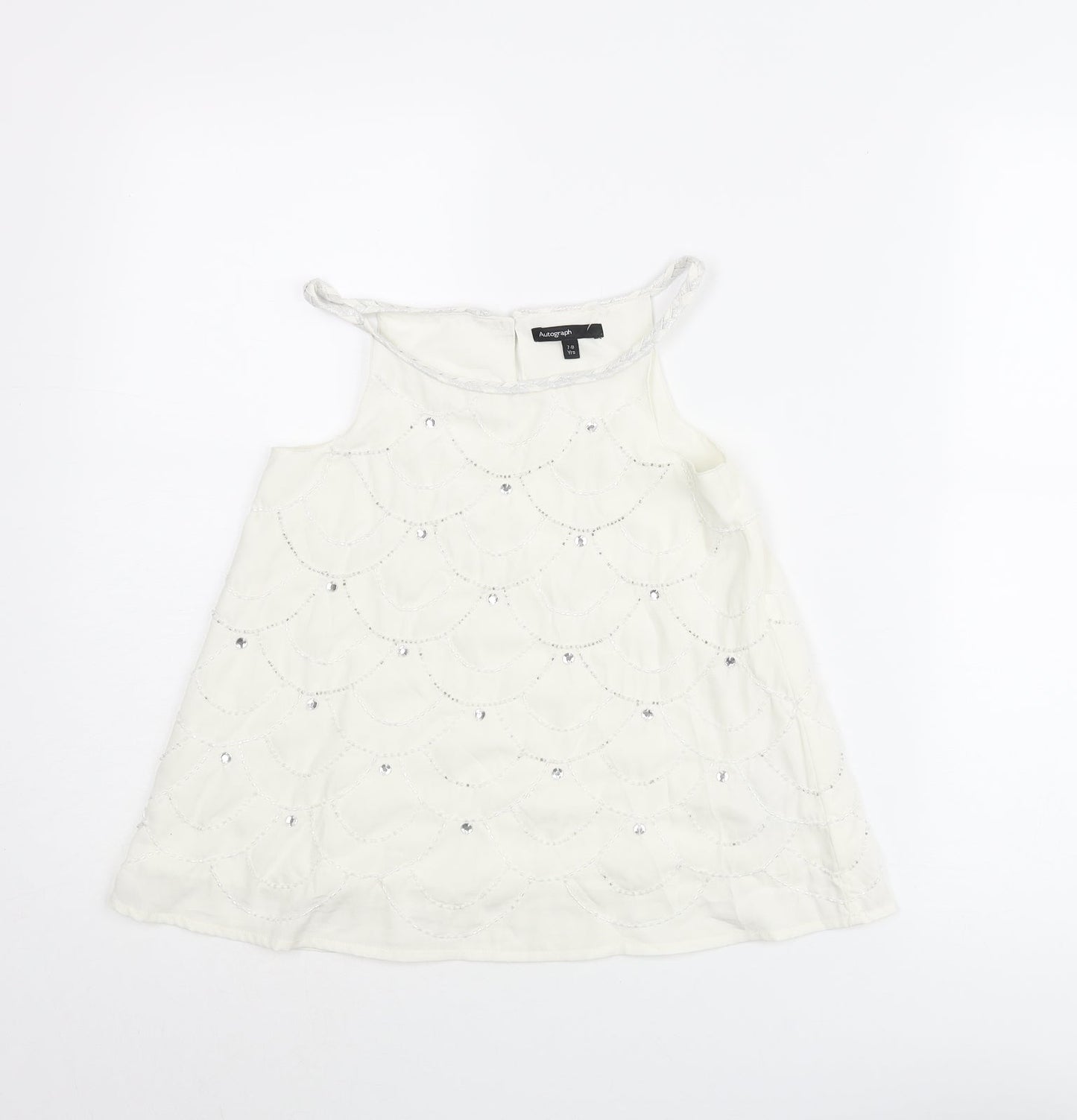 Autograph Girls White Geometric Polyester Camisole Blouse Size 7-8 Years Round Neck Button - Beading