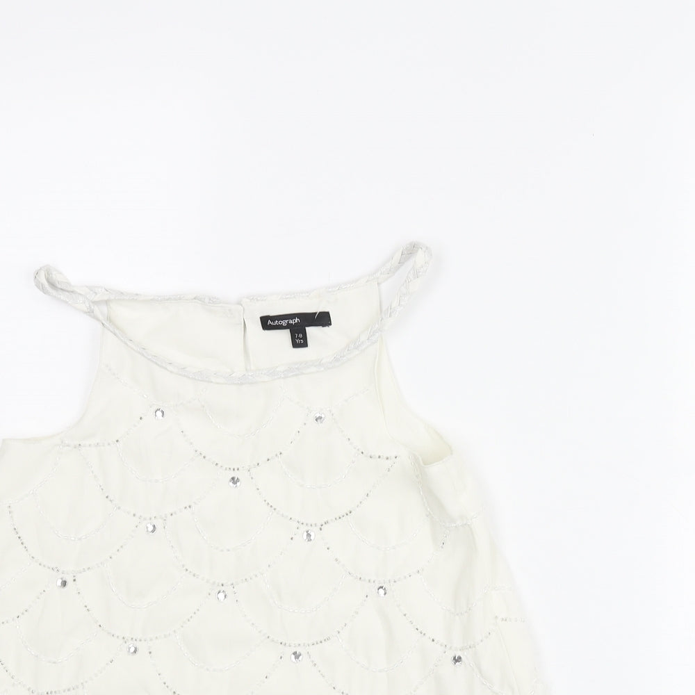 Autograph Girls White Geometric Polyester Camisole Blouse Size 7-8 Years Round Neck Button - Beading