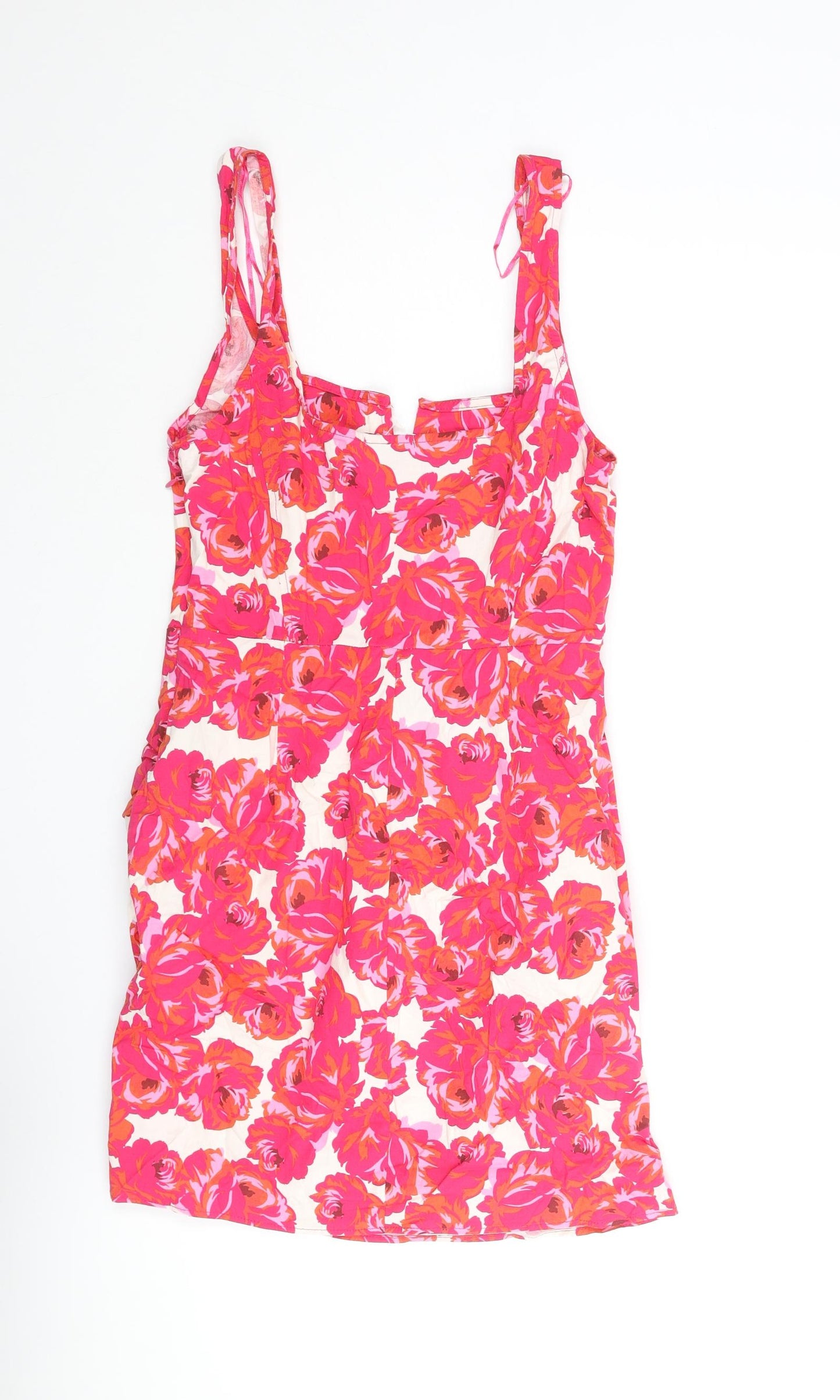 Stradivarius Womens Pink Floral Cotton Mini Size L Square Neck Zip - Corset Bodice Rouched