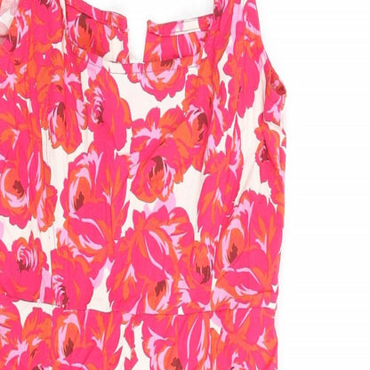 Stradivarius Womens Pink Floral Cotton Mini Size L Square Neck Zip - Corset Bodice Rouched
