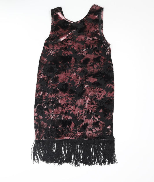 Topshop Womens Pink Floral Polyester Mini Size 8 Round Neck Pullover - Fringe Hem