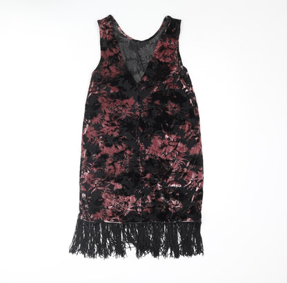 Topshop Womens Pink Floral Polyester Mini Size 8 Round Neck Pullover - Fringe Hem