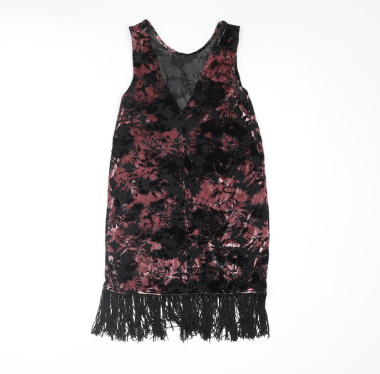 Topshop Womens Pink Floral Polyester Mini Size 8 Round Neck Pullover - Fringe Hem