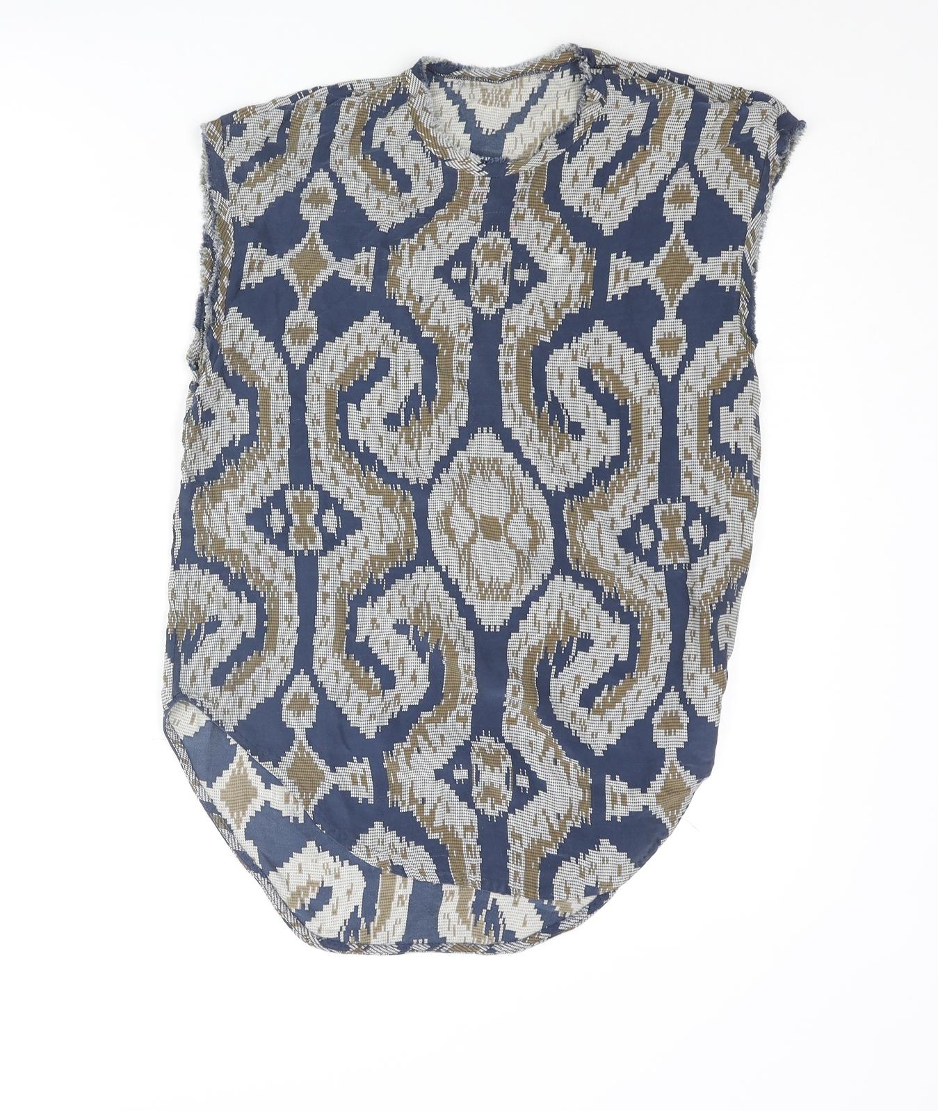 By Malene Birger Womens Blue Geometric Viscose Camisole Blouse Size 8 Round Neck - Raw Edge