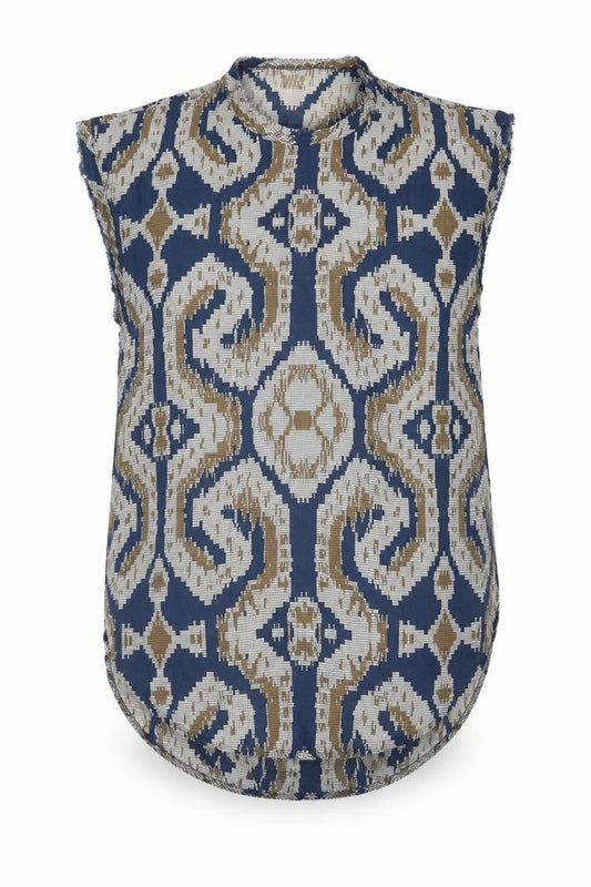 By Malene Birger Womens Blue Geometric Viscose Camisole Blouse Size 8 Round Neck - Raw Edge