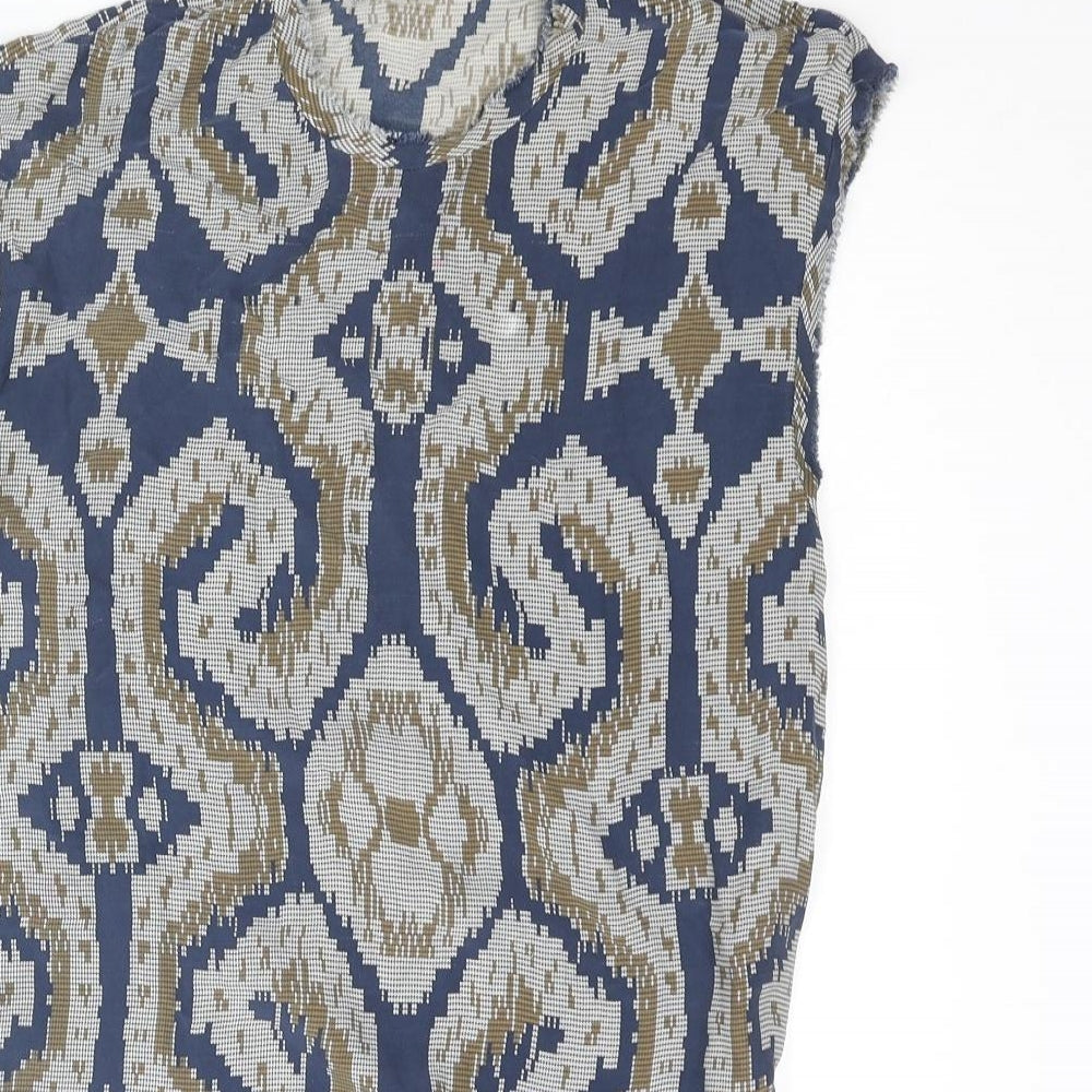 By Malene Birger Womens Blue Geometric Viscose Camisole Blouse Size 8 Round Neck - Raw Edge