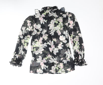 River Island Womens Black Floral Polyester Basic Blouse Size 8 Mock Neck - Frill Bow