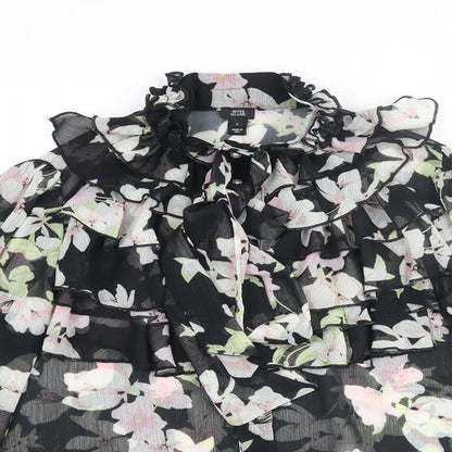 River Island Womens Black Floral Polyester Basic Blouse Size 8 Mock Neck - Frill Bow