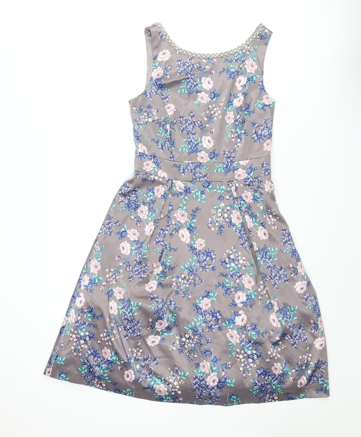 Monsoon Womens Grey Floral Polyester Fit & Flare Size 8 Round Neck Zip - Tulle Underskirt Pearl Neckline Button Detail