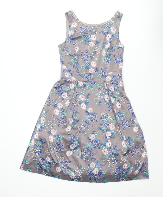 Monsoon Womens Grey Floral Polyester Fit & Flare Size 8 Round Neck Zip - Tulle Underskirt Pearl Neckline Button Detail