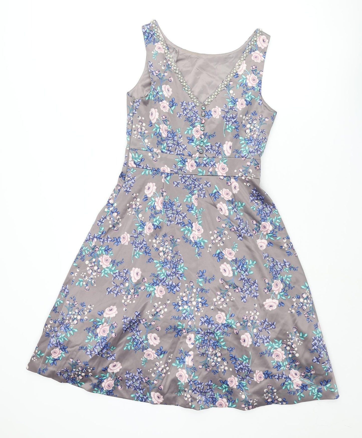 Monsoon Womens Grey Floral Polyester Fit & Flare Size 8 Round Neck Zip - Tulle Underskirt Pearl Neckline Button Detail