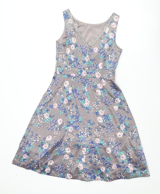 Monsoon Womens Grey Floral Polyester Fit & Flare Size 8 Round Neck Zip - Tulle Underskirt Pearl Neckline Button Detail