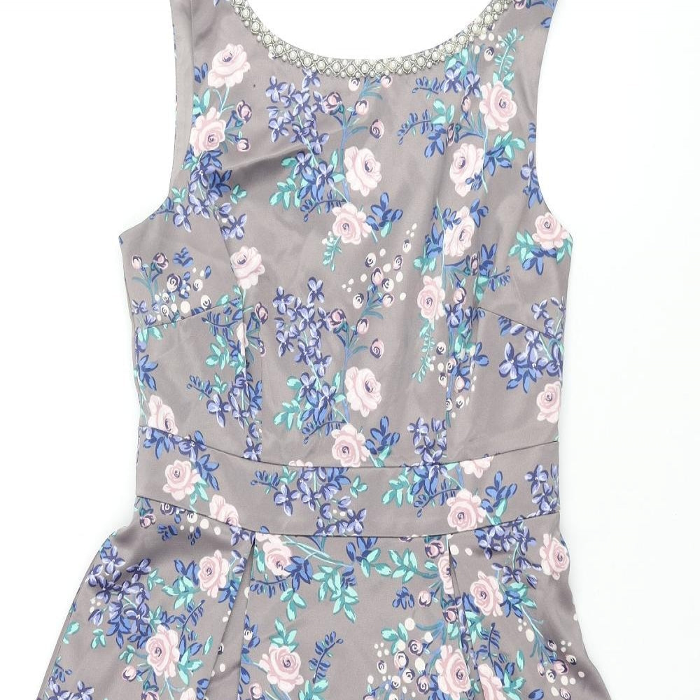 Monsoon Womens Grey Floral Polyester Fit & Flare Size 8 Round Neck Zip - Tulle Underskirt Pearl Neckline Button Detail