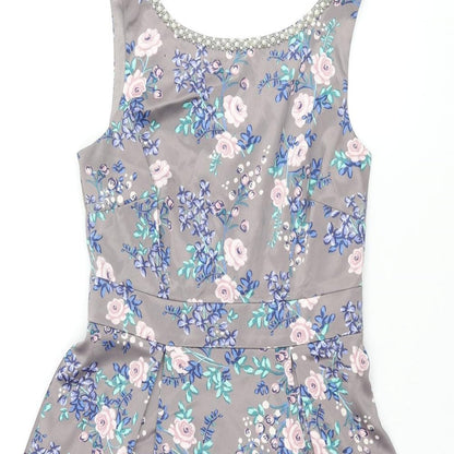 Monsoon Womens Grey Floral Polyester Fit & Flare Size 8 Round Neck Zip - Tulle Underskirt Pearl Neckline Button Detail