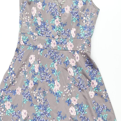 Monsoon Womens Grey Floral Polyester Fit & Flare Size 8 Round Neck Zip - Tulle Underskirt Pearl Neckline Button Detail