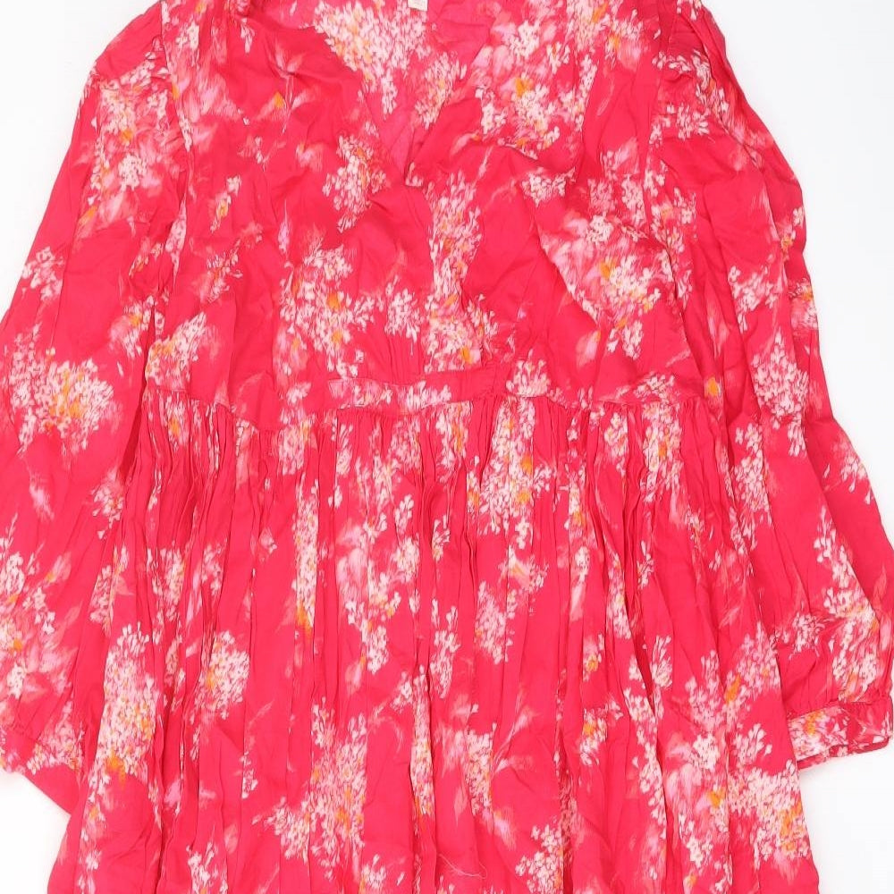 Per Una Womens Pink Floral Cotton Skater Dress Size S V-Neck Pullover