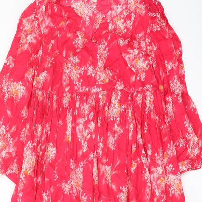 Per Una Womens Pink Floral Cotton Skater Dress Size S V-Neck Pullover