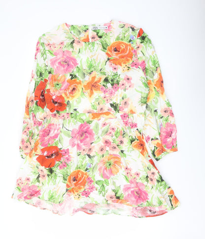 Zara Womens Multicoloured Floral Linen A-Line Size 2XL Crew Neck Zip