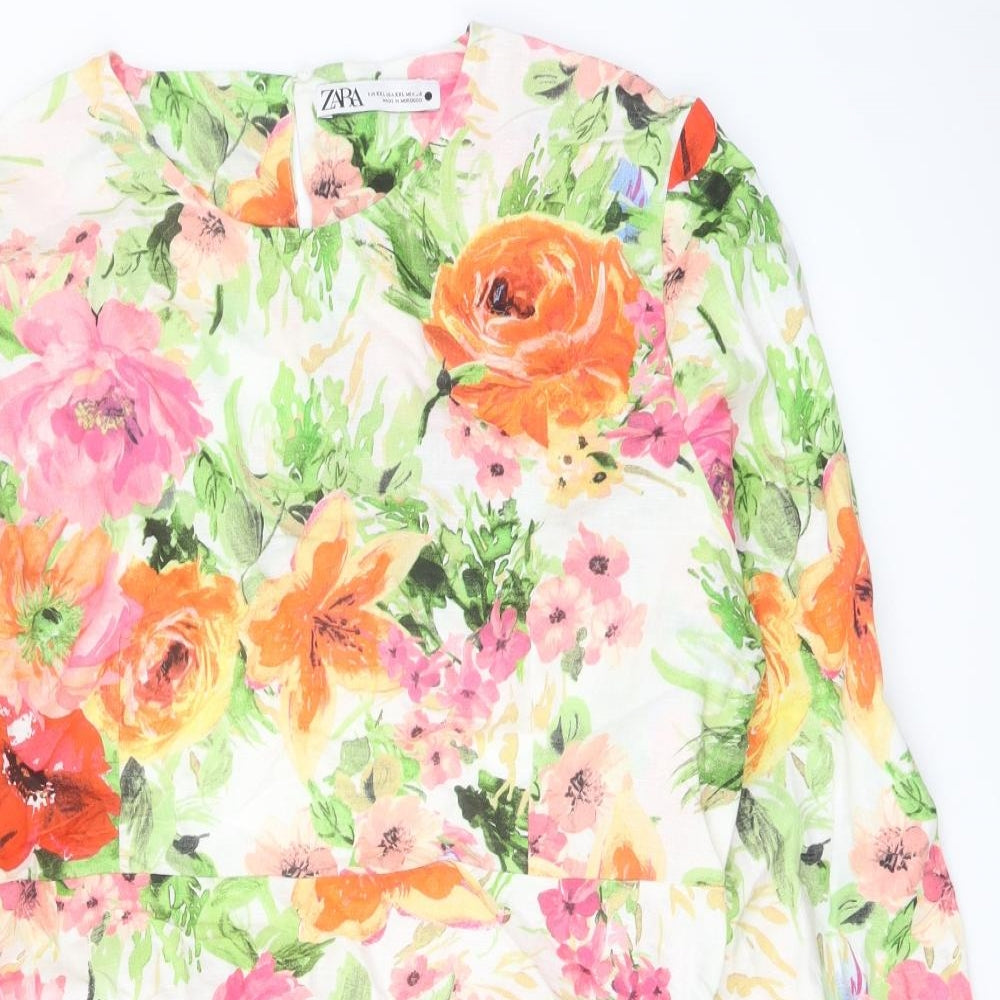 Zara Womens Multicoloured Floral Linen A-Line Size 2XL Crew Neck Zip