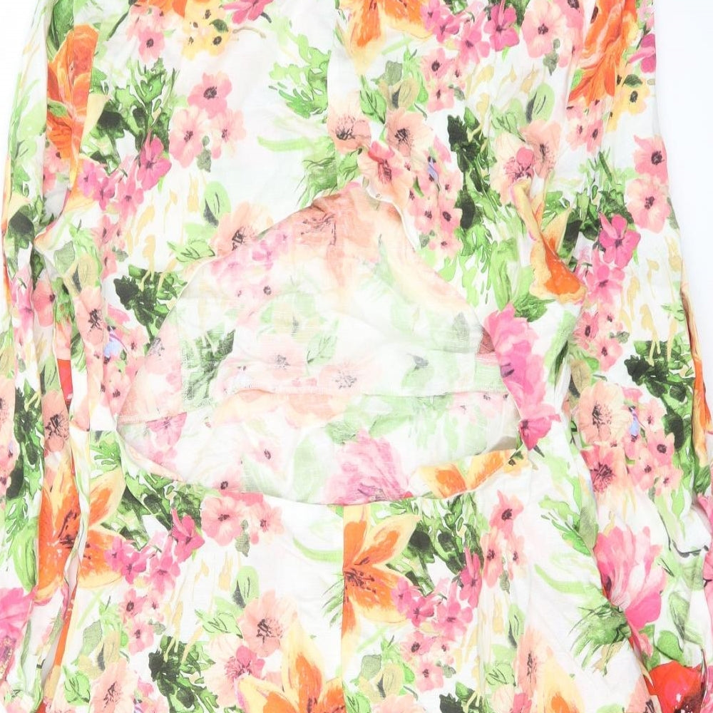 Zara Womens Multicoloured Floral Linen A-Line Size 2XL Crew Neck Zip