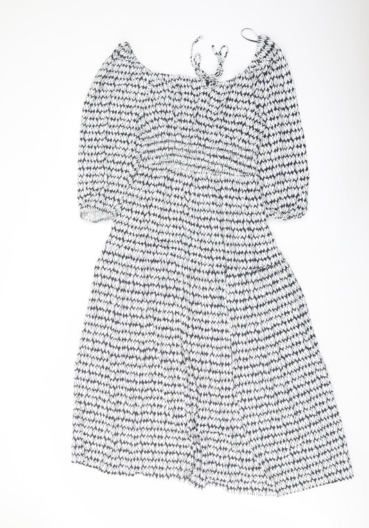Marks and Spencer Womens Blue Geometric Viscose A-Line Size 8 Square Neck Pullover