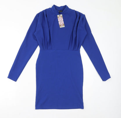 Boohoo Womens Blue Polyester Bodycon Size 10 Mock Neck Pullover