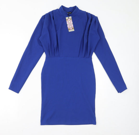 Boohoo Womens Blue Polyester Bodycon Size 10 Mock Neck Pullover