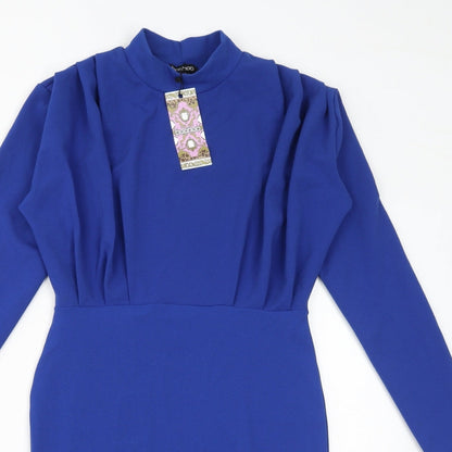 Boohoo Womens Blue Polyester Bodycon Size 10 Mock Neck Pullover