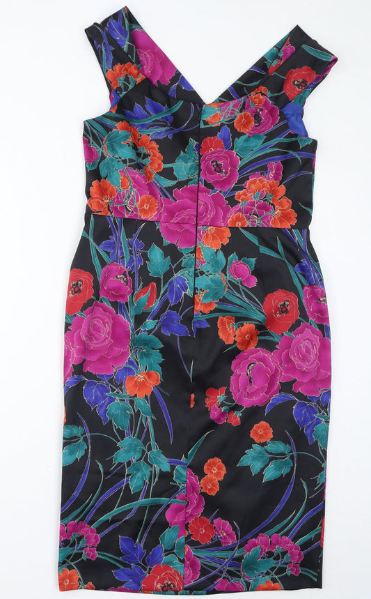Debenhams Womens Multicoloured Floral Polyester Pencil Dress Size 14 V-Neck Zip