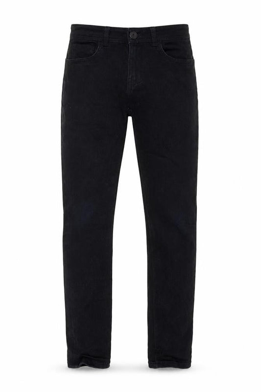 Front view of Denim & Co. men’s black cotton straight jeans, size 28, in, 32-inch leg slim zip - pockets