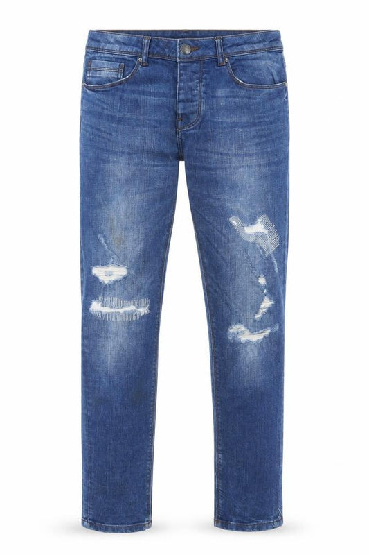 Front view of Denim & Co. men’s blue cotton skinny jeans, size 30, in, 32-inch leg regular zip - pockets