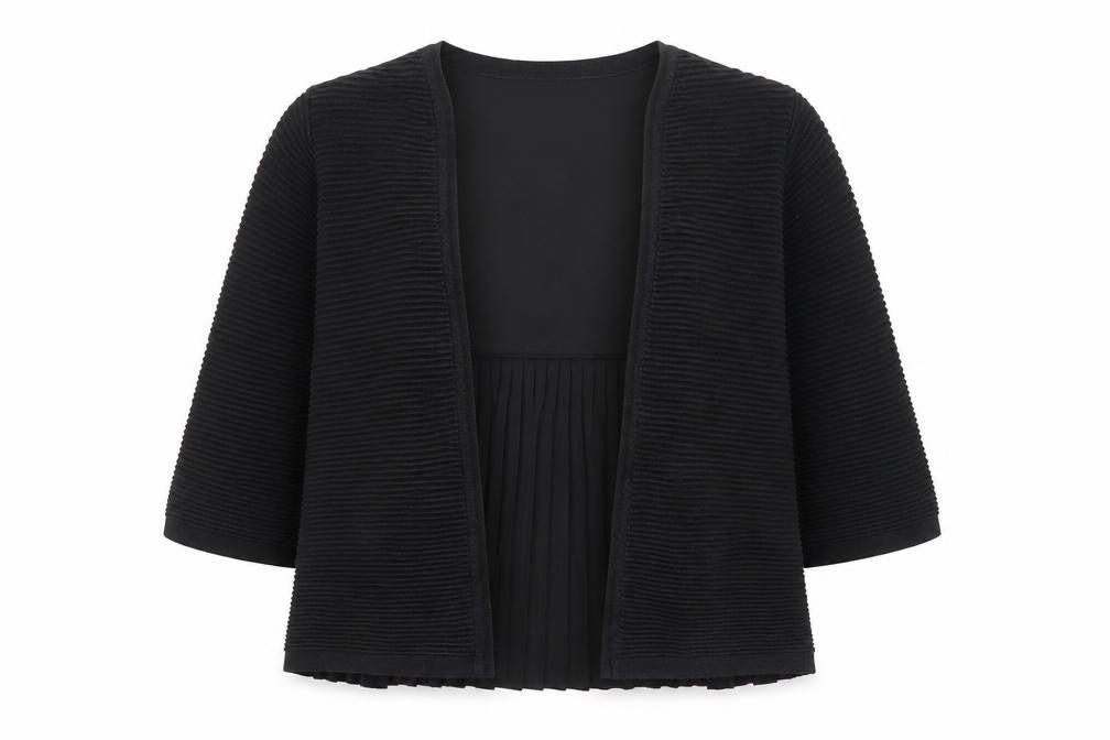 Front view of French Connection women’s black v-neck cotton cardigan jumper, size S, - pleated, open