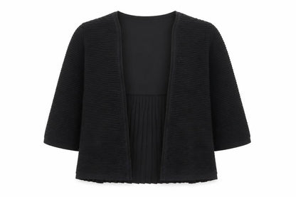 Front view of French Connection women’s black v-neck cotton cardigan jumper, size S, - pleated, open