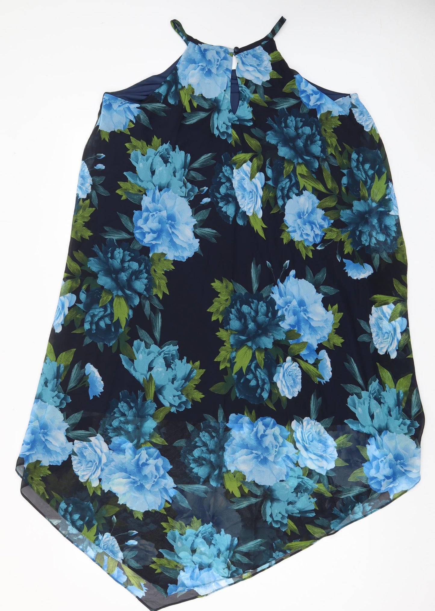 INC International Concepts Womens Blue Floral Polyester A-Line Size L Crew Neck Button
