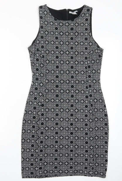 H&M Womens Black Argyle/Diamond Polyester Bodycon Size M Crew Neck Zip - Lined