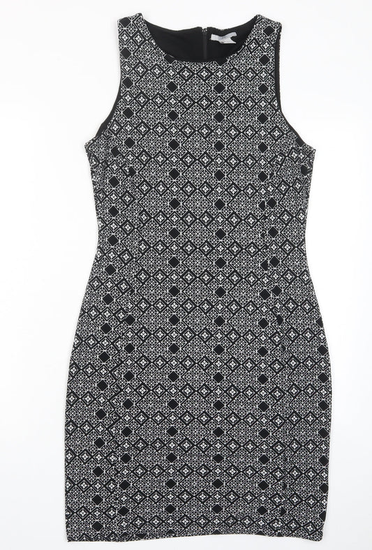 H&M Womens Black Argyle/Diamond Polyester Bodycon Size M Crew Neck Zip - Lined