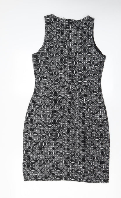 H&M Womens Black Argyle/Diamond Polyester Bodycon Size M Crew Neck Zip - Lined