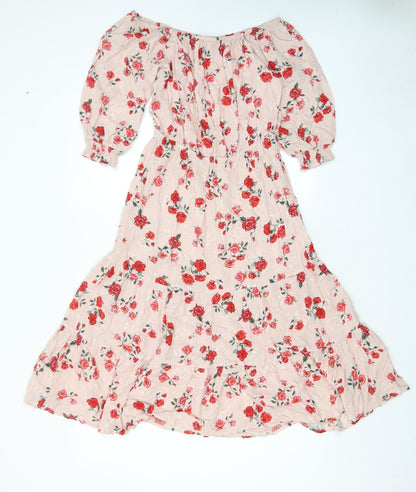 H&M Womens Pink Floral Viscose A-Line Size 8 Off the Shoulder Pullover - Pleated