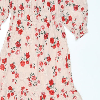 H&M Womens Pink Floral Viscose A-Line Size 8 Off the Shoulder Pullover - Pleated