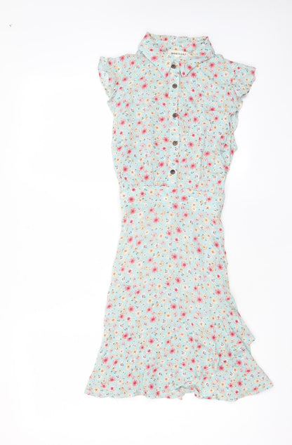 Monteau Womens Blue Floral Viscose A-Line Size S Collared Button - Belted