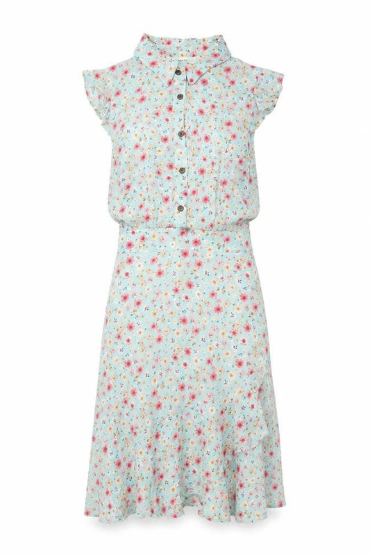 Monteau Womens Blue Floral Viscose A-Line Size S Collared Button - Belted