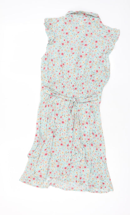 Monteau Womens Blue Floral Viscose A-Line Size S Collared Button - Belted