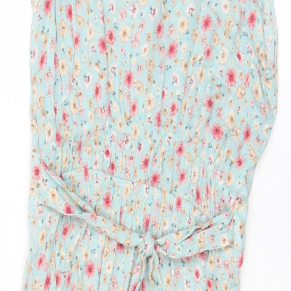 Monteau Womens Blue Floral Viscose A-Line Size S Collared Button - Belted