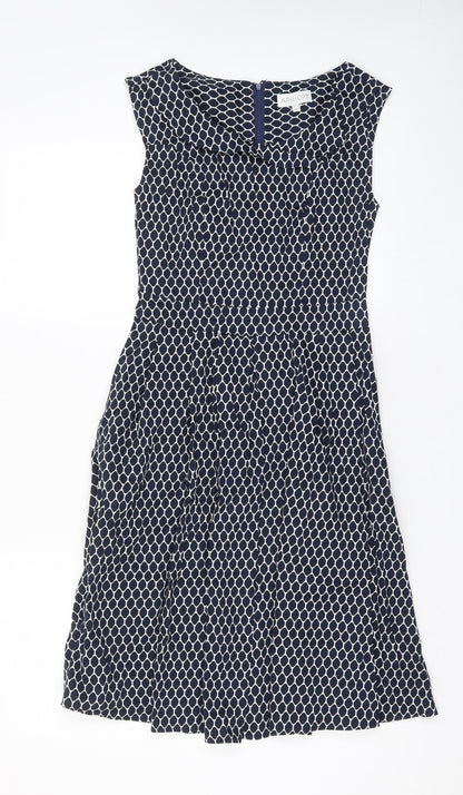 Apricot Womens Blue Geometric Cotton A-Line Size 8 V-Neck Zip - Pleated