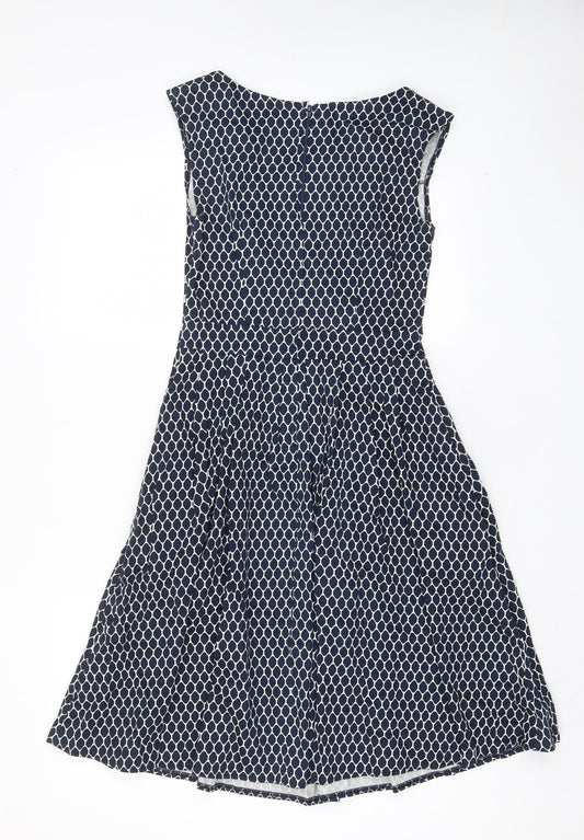 Apricot Womens Blue Geometric Cotton A-Line Size 8 V-Neck Zip - Pleated