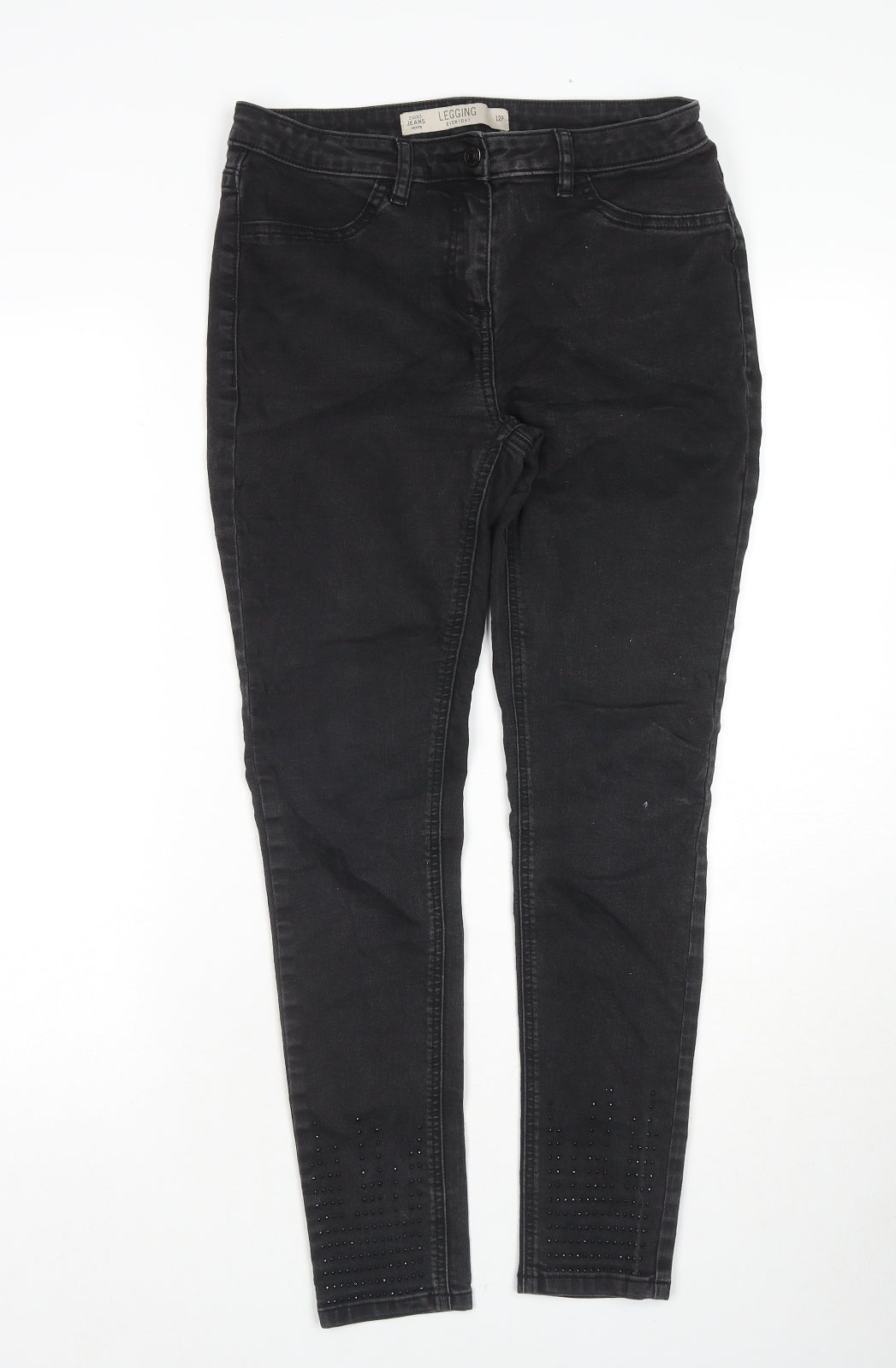 NEXT Womens Black Cotton Skinny Jeans Size 12 L27 in Regular Zip - Jeweled Detail