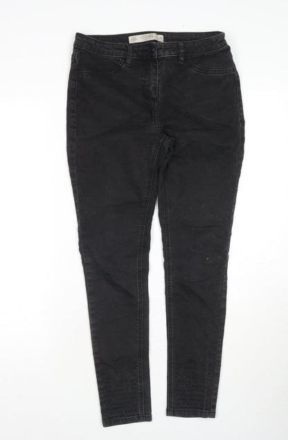 NEXT Womens Black Cotton Skinny Jeans Size 12 L27 in Regular Zip - Jeweled Detail