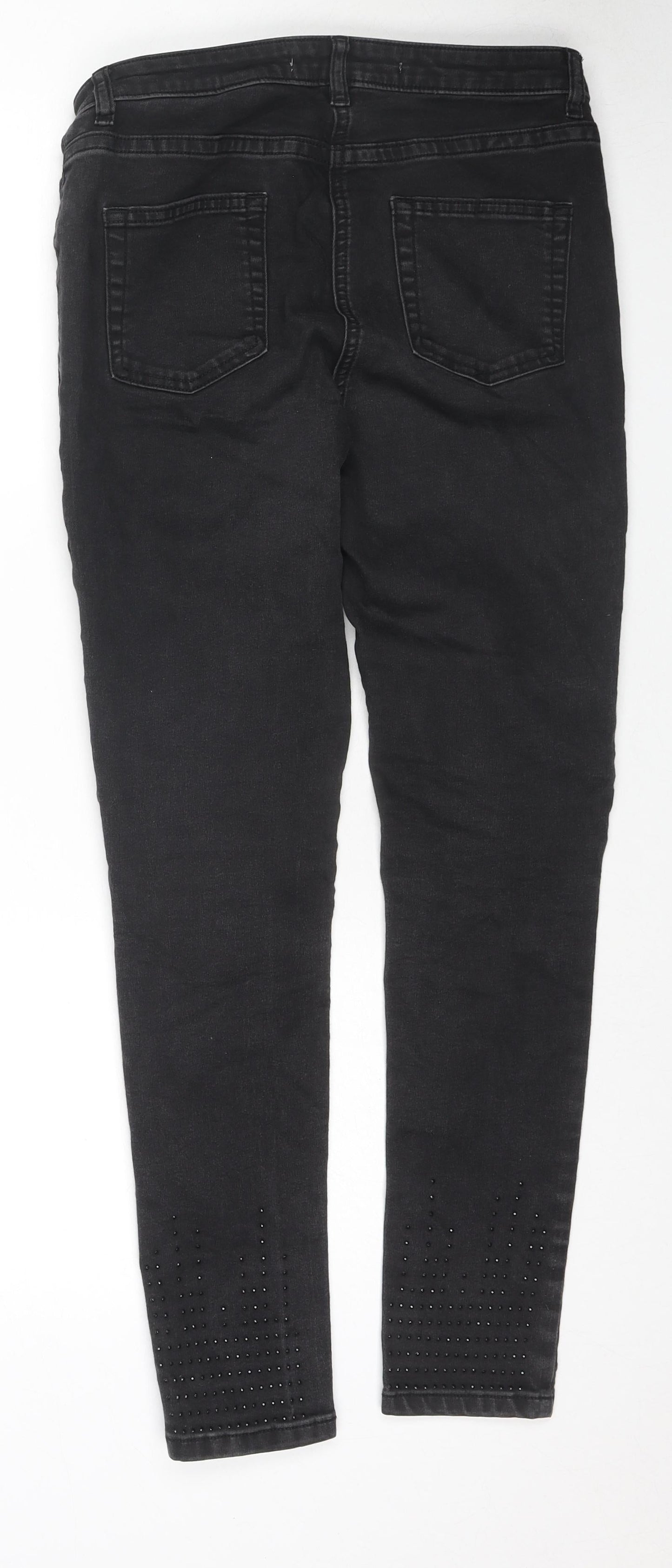NEXT Womens Black Cotton Skinny Jeans Size 12 L27 in Regular Zip - Jeweled Detail